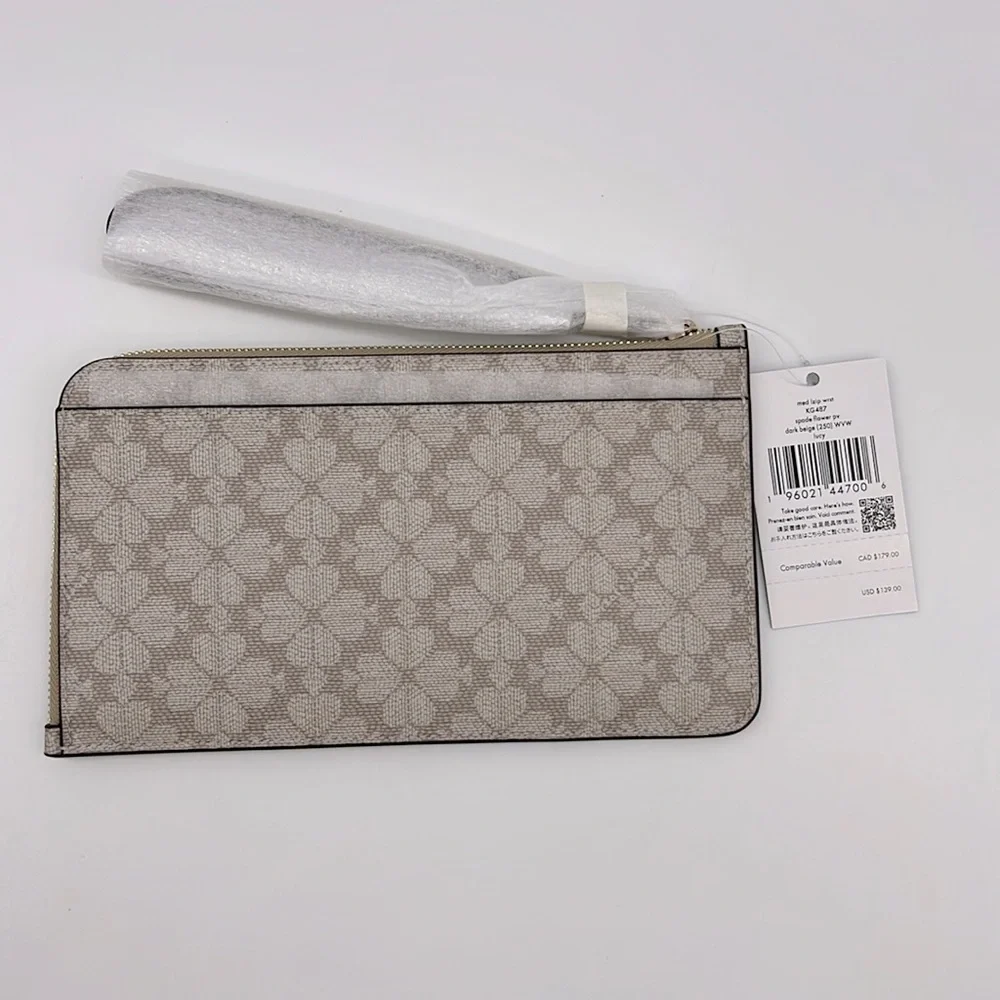 Kate Spade Lucy Spade Flower Medium L-zip Wristlet Dark Beige Multi